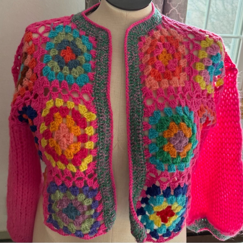 Preppy handmade crochet granny square cardigan